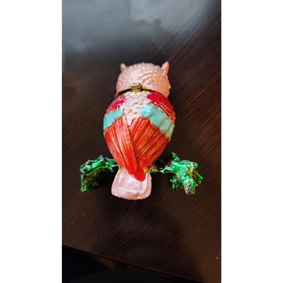 Vintage Hand-Painted Owl Pill Box with Crystals | Decorative Owl Trinket Box - Picture 4 of 5